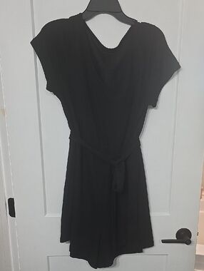 Black Short-Sleeve Belted Jumpsuit